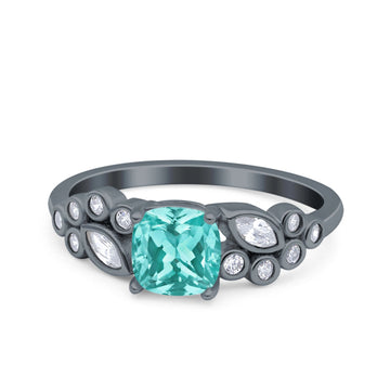 Vintage Style Cushion and Marquise Wedding Ring Black Tone, Simulated Paraiba Tourmaline CZ 925 Sterling Silver